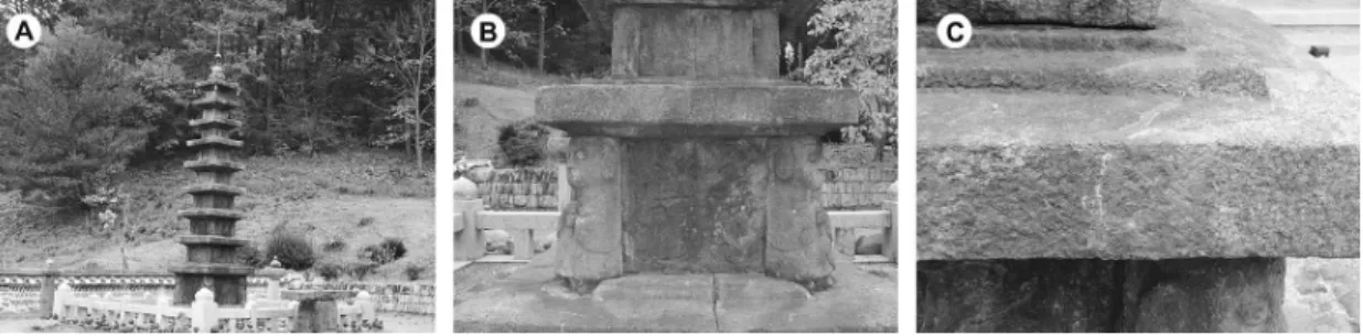 Figure 1. (A) Current state of the Daewonsa temple stone pagoda. (B) Stone surface coated with reddish brown discoloration due to oxidation of rock properties