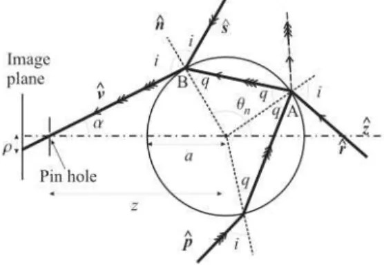 Fig. 1. Refraction, specular reflection and internal re- re-flection by a rain drop[5]