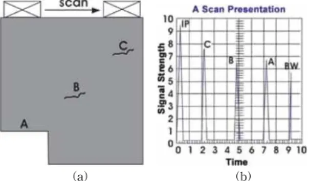 Fig. 1. (a) Measuring using ultrasonic probe and (b)  echo signal presentation in A-Scan mode.