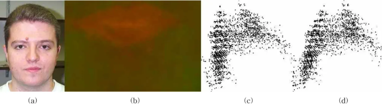Fig. 3. Sample image and u-v chromatic distribution of modified CIELuv: (a) input image, (b) uv data of image,  (c) uv with xy, (d) uv with modified xy.