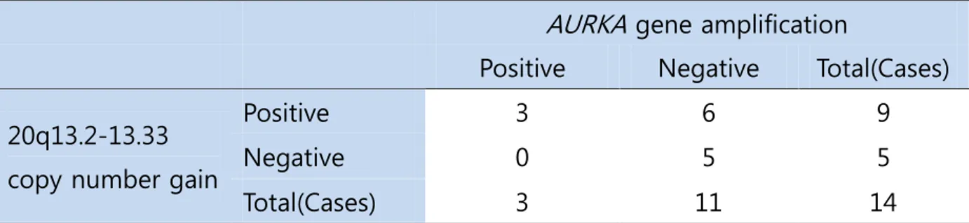 Table 2. The relationship between 20q13.2-13.33 copy number gain and  AURCA  gene amplification   