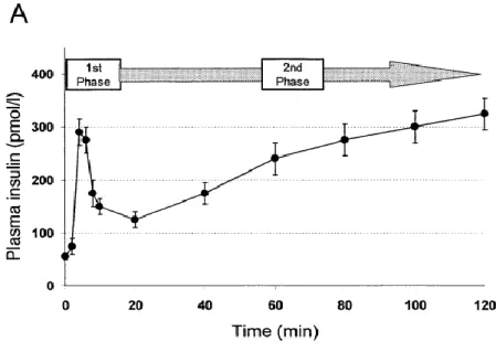 Figure 7. A mean plasma insulin concentrations during a 2-h hyperglycemic (+ 7.9 mmol/l) glucose  clamp in 17 middle- aged and older men