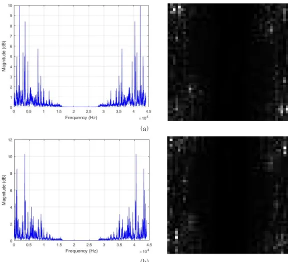 Fig. 3. The magnitude spectrum of the data and their corresponding normalized image: (a) a normal data, and (b)  an abnormal data.