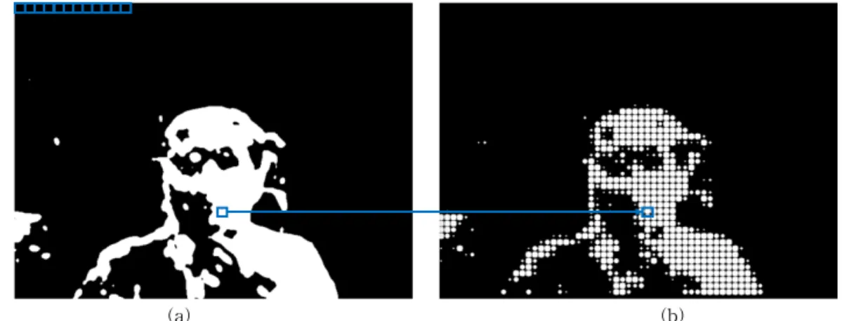Fig. 6. Visualization of grid cell and conversion foreground to particle image. (a) Grid cell on binary foreground  mask, (b) modified particle image.