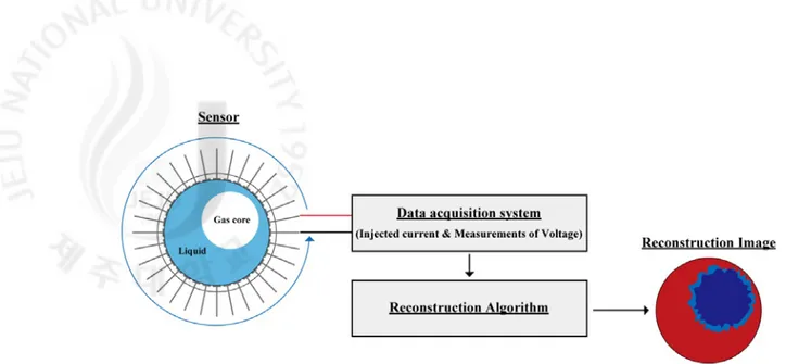 Fig. 1.1. Conceptual diagram of the EIT  또한 EIT 기법은  원자로  이상  유동장  실험에  적용하기에  적합한  몇  가지  기본적 인  특성을  갖추고  있다
