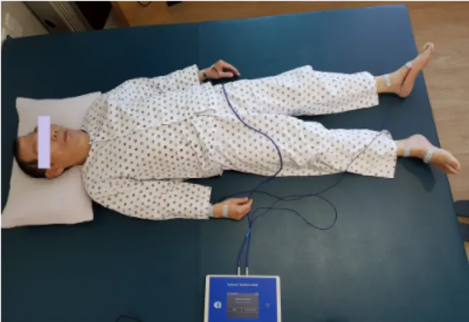 Fig. 2. Eight cutaneous electrodes were attached to the  wrists (left, right) and the ankles (left, right) of  the stroke patient who was in a supine position  on a nonconductive surface