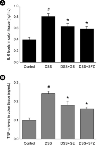Fig. 3. Effect of  GE on the levels of  IL-6 and TNF-α in DSS- DSS-induced  colitis.  Experimental  colitis  was  DSS-induced  by  5%  DSS drinking water for seven days in mice