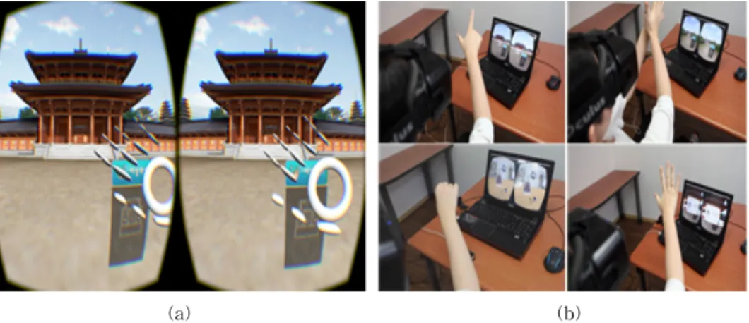 Fig. 12. Cultural heritage experience at Mireuksa Temple Site. (a) Oculus view of Mireuksa Temple and (b) Various  controls by hand gestures.