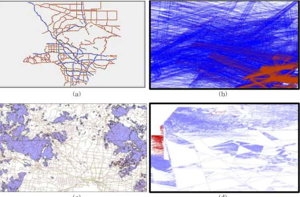 Fig. 5. Visualization experimental results, (a) and (b) Original and encrypted railway map layer, (c) and (d) Original  and encrypted nature map layer.