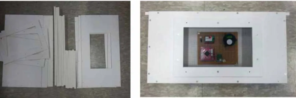 Fig. 16. Processed Panel Material(Left), Assembled Sensor Board Panel(Right) 센서의 하우징 조립시 센서보호 철장을 잡아주기 위한 가이드 부분이 두께만 큼 외부로 돌출되도록 되어 있었으나, 소비들이 밀집한 경우 꿀벌 이동에 장애를 줄 수 있어서 Fig
