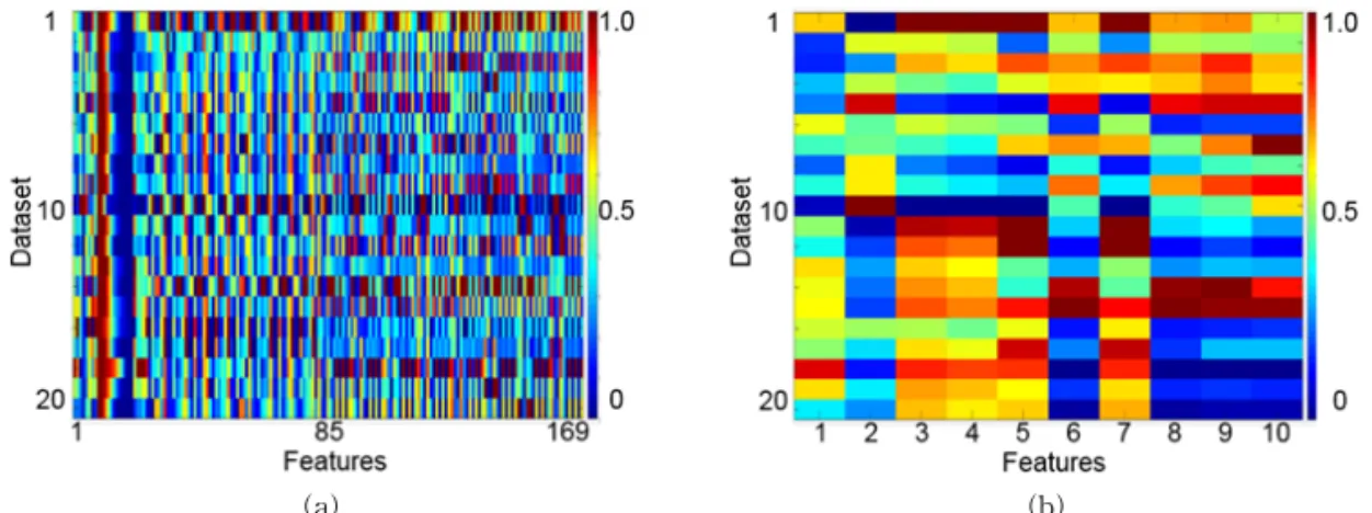 Fig. 5. Examples of feature selection. (a) heatpmap of all features, and (b) heatmap of selected features.
