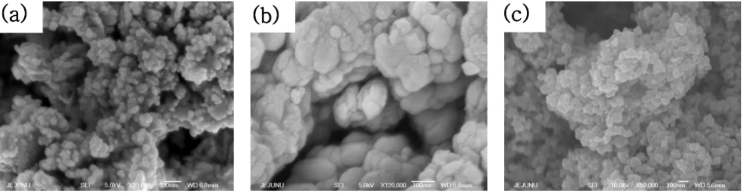 Fig. 4. SEM images of (a) spherical Ag (20 nm), (b) spherical Cu, (c) spherical Ru,  (d) wire Ag, (e) wire Cu and (f) wire Ru