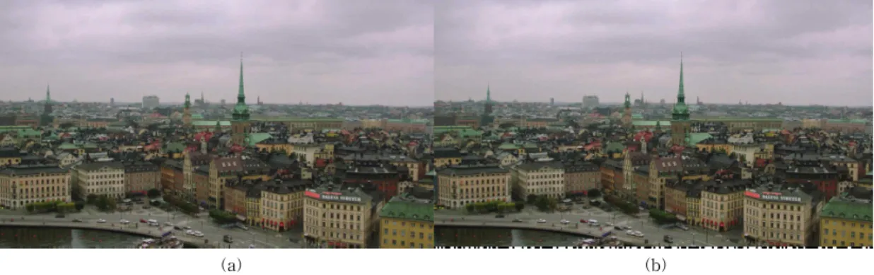 Fig. 10. Video quality comparision of Old_Town_Cross sequence: (a)conventional and (b)proposed at 13.0Mbps MPEG  CBR compression.