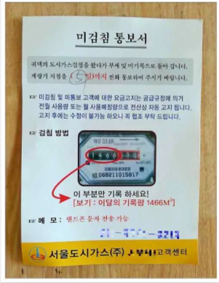 Fig. 1. Off-line gas metering memo.는 간단한 기능들을 포함하는 특징을 지닌다. 일회성 작업은 가능한 지시의 크기, 사용 가능한 기능의 포함 등의 확장을 통하여 검침, 확인을 포함하여서 다양한 사용자에 대한 상호교환 서비스를 가능하게 한다.전송하는 사용자 측면에서는 지시메모에 적혀있는 절차를 기억해야 하고 전화번호도 기억해야 하는 등의 불편함을 감수해야한다