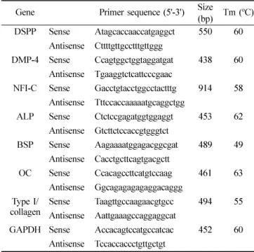 Table 1.  Nucleotide sequences of the primers used for RT-PCR Gene Primer sequence (5'-3') Size  (bp) Tm ( o C) DSPP Sense Atagcaccaaccatgaggct 550 60