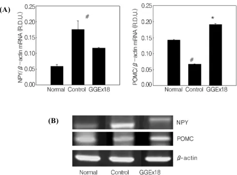 Fig. 4. The mRNA expression levels of hypothalamic genes involved in appetite. (A) Adult male C57BL / 6J mice were  fed a low fat diet (Normal), a high fat diet (Control), or the high fat diet supplemented with 250 mg/kg/day mg / kg