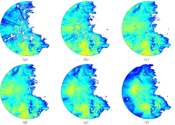 Fig. 2. Example of various elevation angles of PPI images in single volume data, (a) -0.5 °,  (b) 0.0°, (c) 0.5° (d)  0.8 (e) 1.2, and (f) 1.6