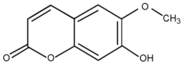 Fig. 1. The structure of  scopoletin. PIN:7-Hydroxy-6-methoxy-2H- PIN:7-Hydroxy-6-methoxy-2H-1-benzopyran-2-one,  Chemical  formula:  C 10 H 8 O 4 ,  Molar  mass: 