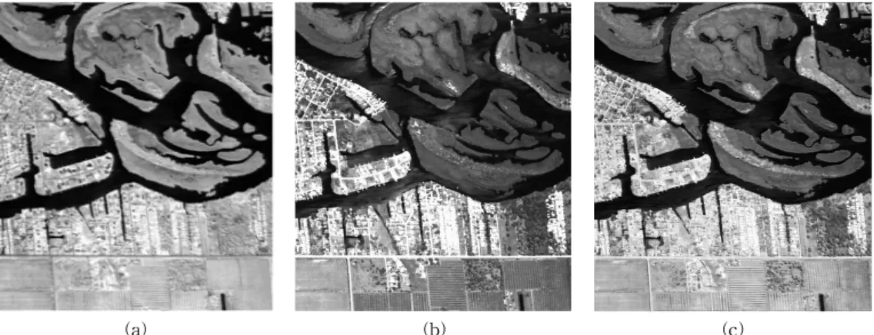 Fig. 5. Proposed fusion result of‘Satellite’image pair. (a) IR image, (b) Visible image, and (c) Fused image.