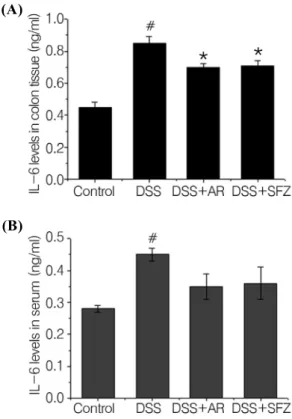 Fig. 5. Effects of AR on epithelial injury in DSS ‐ induced colitis.  Paraffin sections of colonic tissue were stained with hematoxylin and eosin and analyzed by light microscopy  (100×) (SL, submucosa layer; ML, mucosa layer)
