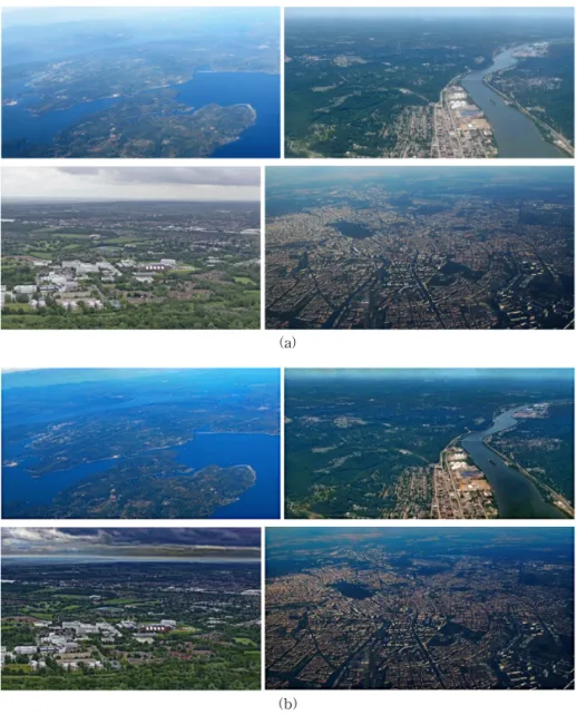 Fig. 3. Comparison of several aerial images. (a) original images and (b) proposed method.
