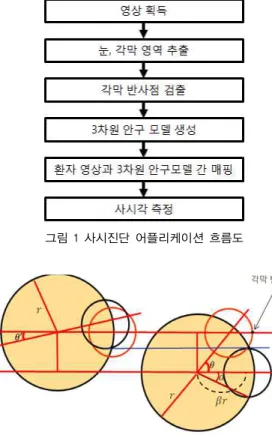 그림 1 사시진단 어플리케이션 흐름도 그림 2 3D 안구 모델과 실제 눈 모델의 모식도통한 의료의 접근성 증대이다. 원격진료가 단순히 화상 전화 수준으로 공간적 제약을 극복하는데 그치지 않고, 환자의 상태를 보다 정확히 파악할 수 있는 양질의 의료를 공급하기 위한 연구가 진행 중이다[5,6]
