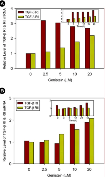 Fig. 4. Effect of genistein on TGF-β RI and RII mRNA expre- expre-ions in MCF-7 and MDA-MB-231 cells