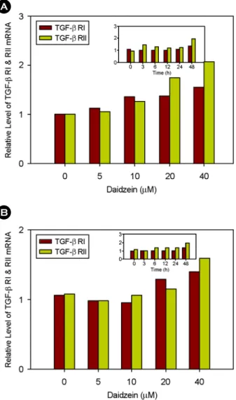 Fig. 5. Effect of daidzein on TGF-β RI and RII mRNA expre- expre-ssions in MCF-7 and MDA-MB-231 cells