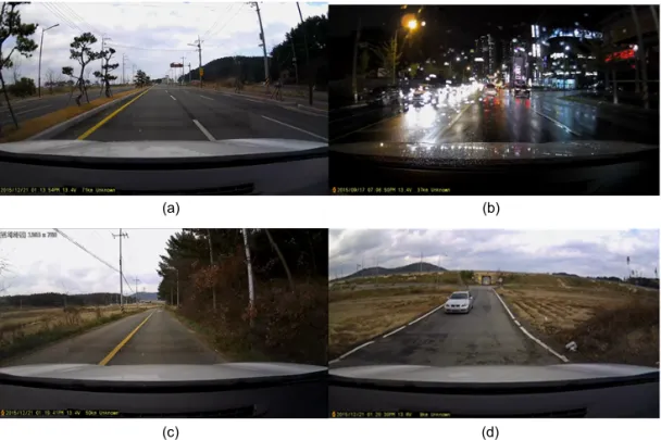 Fig. 1. Several road examples (a)A road example with clear lanes (b)A road example with bad illumination condition  (c)A road example with occluded lanes (d)A road example with no lanes.