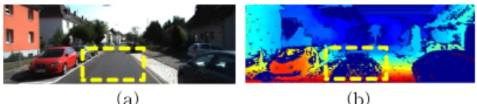 Fig. 2. Scene including low textured road surface. (a)  Original image, (b) its corresponding disparity  map.
