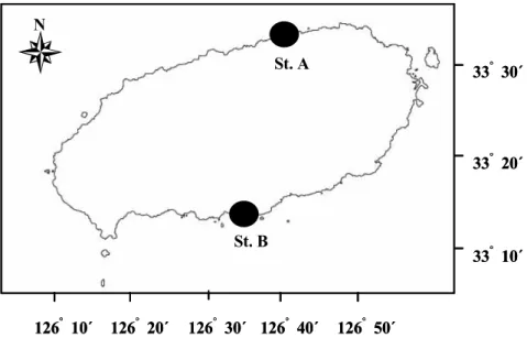 Fig. 1. Map showing the sampling area of the Gobiidae at the Jeju Island, Korea. St. A: Hamdeok-ri, St