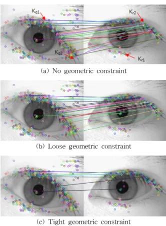 Fig. 5. Corresponding keypoint pairs detected by three  different geometric constraints.
