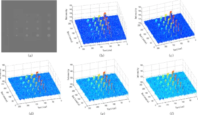 Fig. 5. 3-dimensional graph of the artificial image added a Gaussian noise. (a) artificial image (b) standard deviation  0.5, (c) standard deviation 1.0, (d) standard deviation 1.5, (e) standard deviation 2.0, and (f) standard deviation  2.5.
