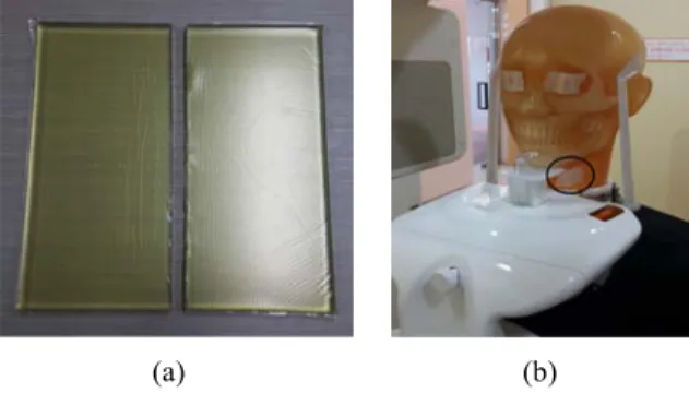 Fig.  1.  Dental  radiographic  phantom  with  bolus  (a)  and  attached  glass  dosimeter  in  thyroid  part  (b,  black  circle)
