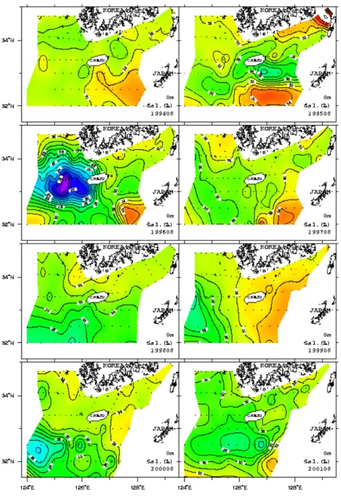 Fig. 1. Horizontal salinity distributions at the surface in the adjacent sea of  Cheju Island in August of 1994-2001(Data from NFRDI).