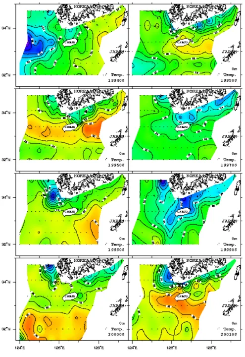 Fig. 2. Horizontal temperature distributions at the surface in the adjacent sea of  Cheju Island in August of 1994-2001(Data from NFRDI).