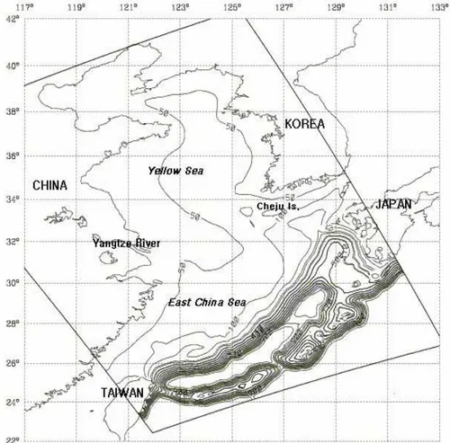 Fig. 8.  Model domain and bottom topography (in meter) of the Yellow Sea  and the East China Sea.