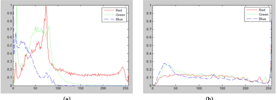 Fig.  1.  (a)  RGB  histogram  on  flame  and  (b)  RGB  histogram  on  not  flame.