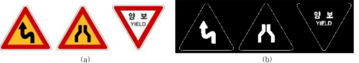 Fig.  4.  Comparison  between  road  sign  templates  and  extracted  symbols  in  road  sign  templates,  (a)  indicating  signs(red,  triangle),  (b)  extracted  symbols  using  edge  extraction  method.