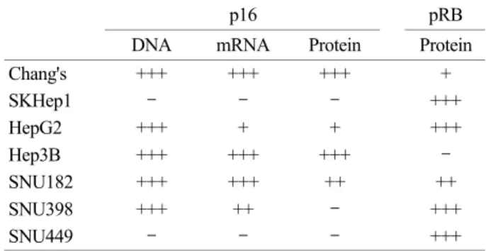 Table 1. Status of  p16 or pRB in HCC cell lines. Table was obta- obta-ined from southern blot, northern blot, and western blot analysis for p16 and pRB 