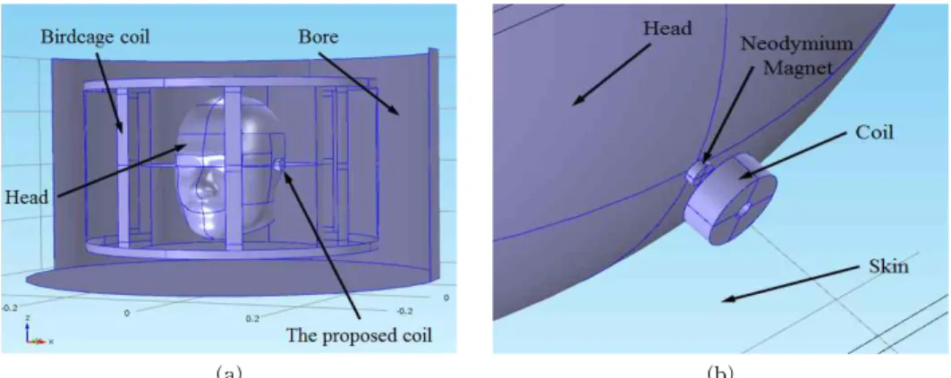 Fig. 7. Finite element model for simulation of MRI artifact; (a) total region and (b) surroundings of permanent magnet.
