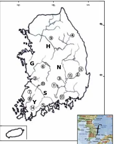 Fig. 3. Map of five main river systems in the southern part of Korean  peninsula and the distribution of sampling localities of cobitid fishes  used in this study