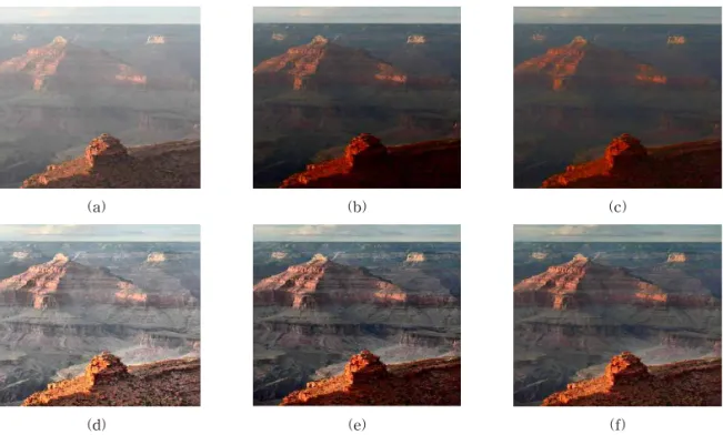Fig. 4. The result of proposed de-haze method with or without CLAHE. (a) Input image, (b) The result of gamma  correction(=2.2), (c) The result of proposed brightness transform(=0.6), (d) CLAHE-ed image, (e) The result  of gamma correction with CLAHE(=2.2)