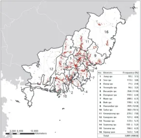 Table 2와 같다. 아동급식 전자카드 가맹점의 비 율이  상대적으로  높은  지역은  해운대구(12.0%),  부산진구(11.8%),  사하구(10.1%)인  것으로  나타 났다