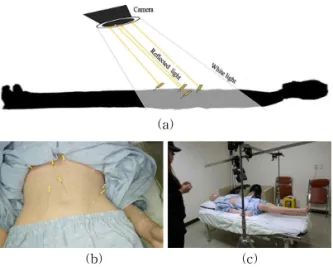 Fig. 6. Capturing process for lower portion of body. (a)  Concept image for lower portion of body  captur-ing, (b) real image with penetrated needle and  (c) capturing process of the image.