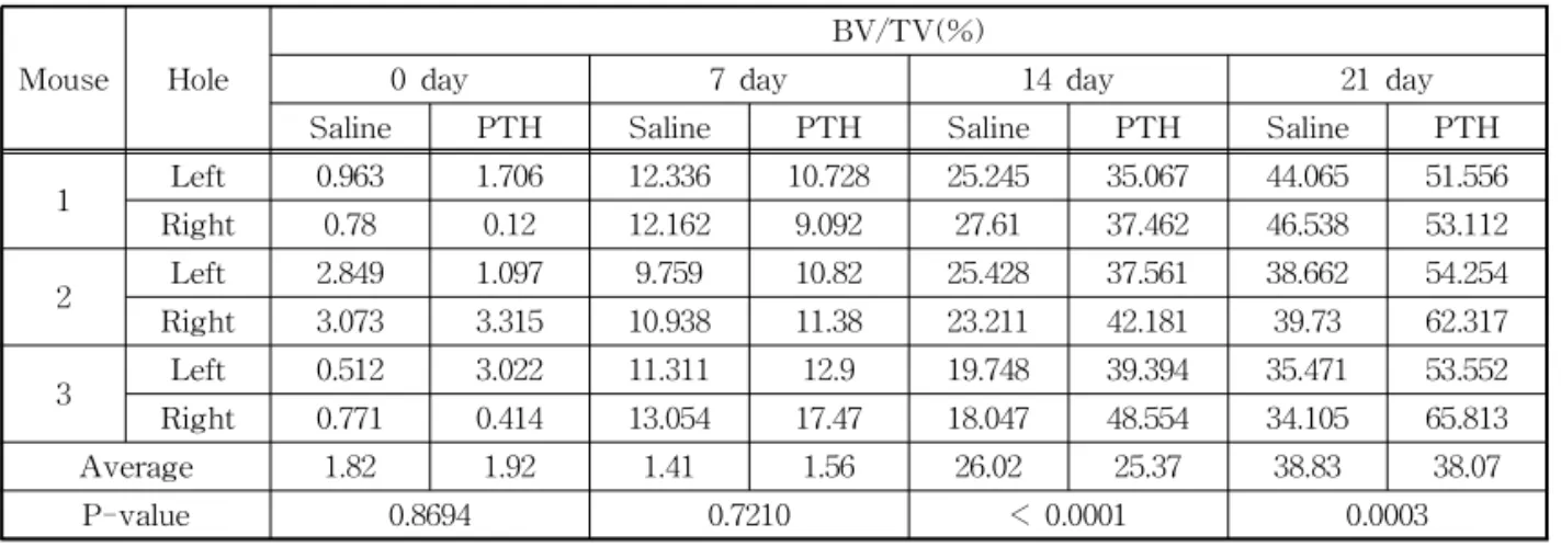 Table 2. BV/TV index of saline administration group and PTH administration group