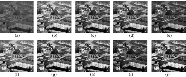 Fig. 4. Results for image I. First row; (a) original sample image I, (b) GHE image, (c) BBHE image, (d) DSIHE image,  and (e) MMBEBHE image