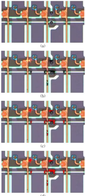 Fig. 9. Defect detecting performance comparison ac- ac-cording to pixel tolerance. (a) No defect image,  (b) Defect image, (c) Defect detection result  us-ing randomly chosen pixel tolerance, (d) Defect  detection result using the proposed pixel  toler-anc