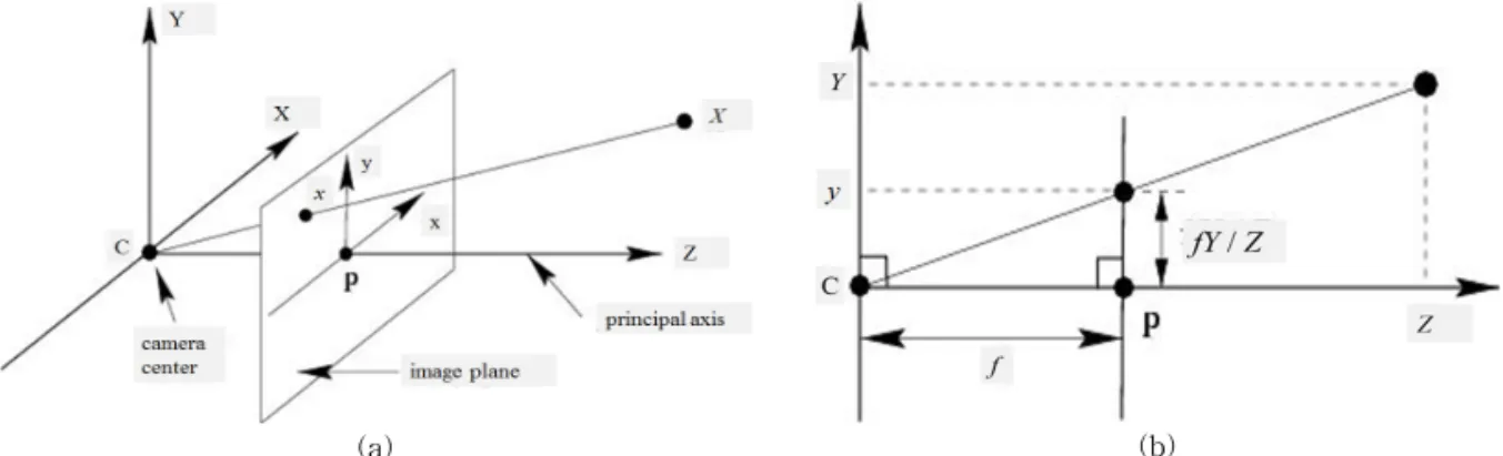 Fig. 1. Pinhole camera model. (a) Geometry of a pinhole camera, (b) Geometry of a pinhole camera seen from the  X axis