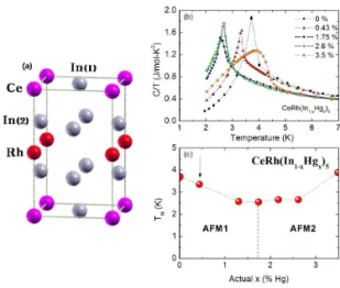 Fig. 1. (a) Tetragonal unit cell of CeRhIn 5 . (b) Temperature  dependence of the specific heat C/T of CeRh(In 1-x Hg x ) 5  for  0  ≤  x  ≤ 3.5 %